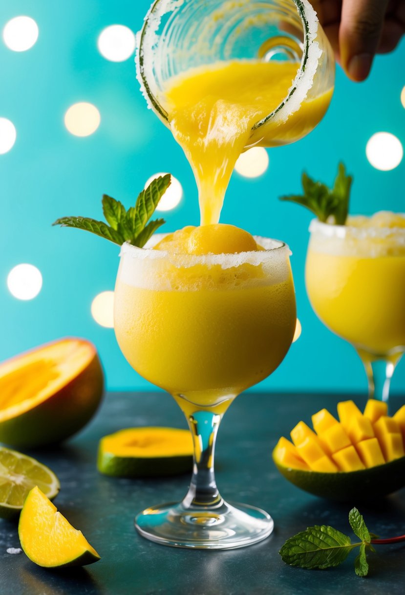 A vibrant mango margarita slushie being poured into a frosty glass, with a slice of mango and a sprig of mint as garnish