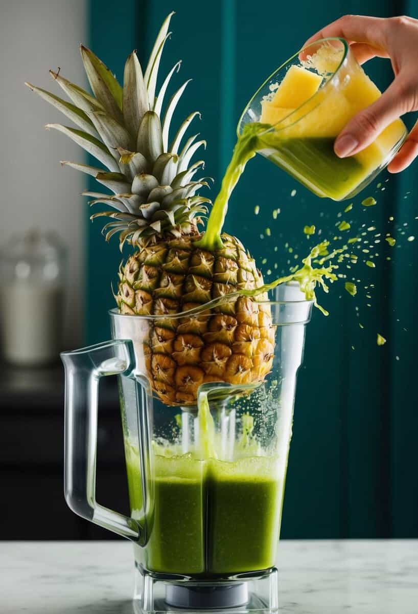 A pineapple and parsley being blended together into a vibrant green juice, with splashes of the mixture flying out of the blender