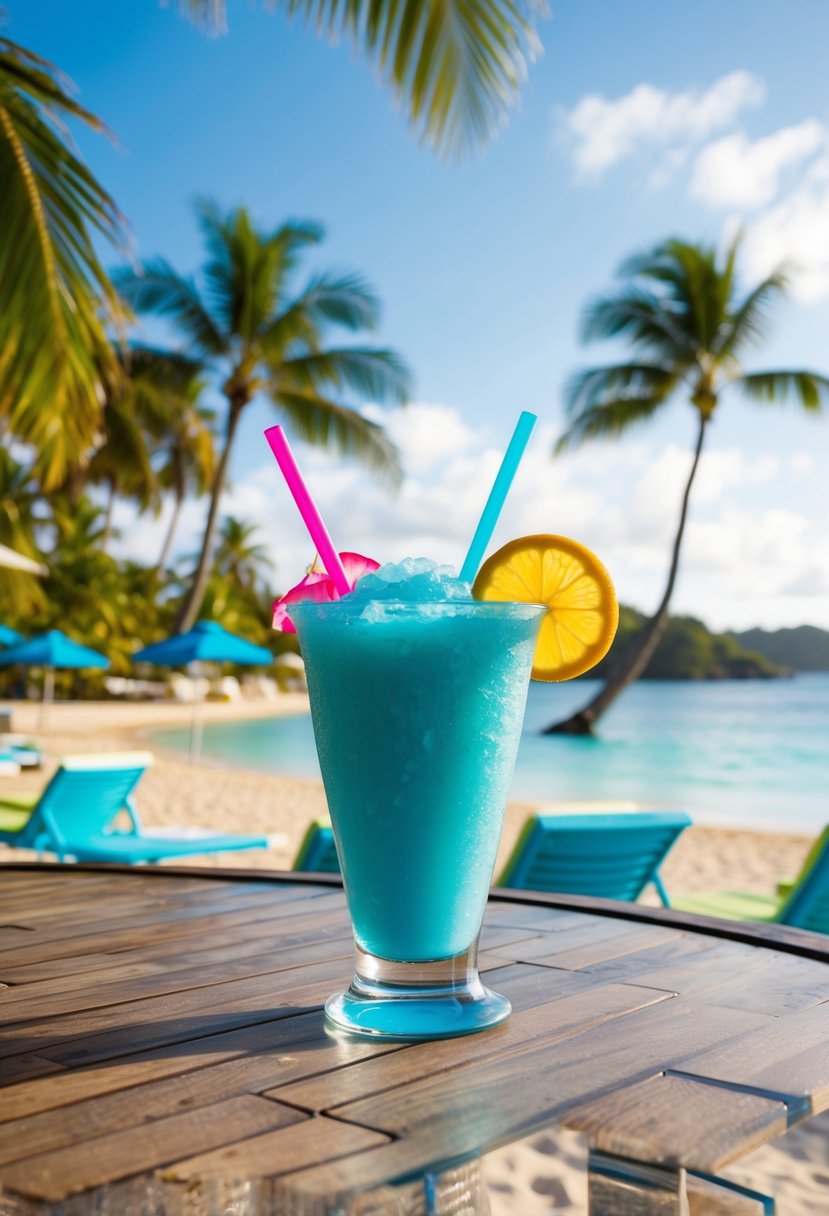 A tropical beach bar serves up vibrant Blue Lagoon Slush drinks, surrounded by palm trees and lounge chairs