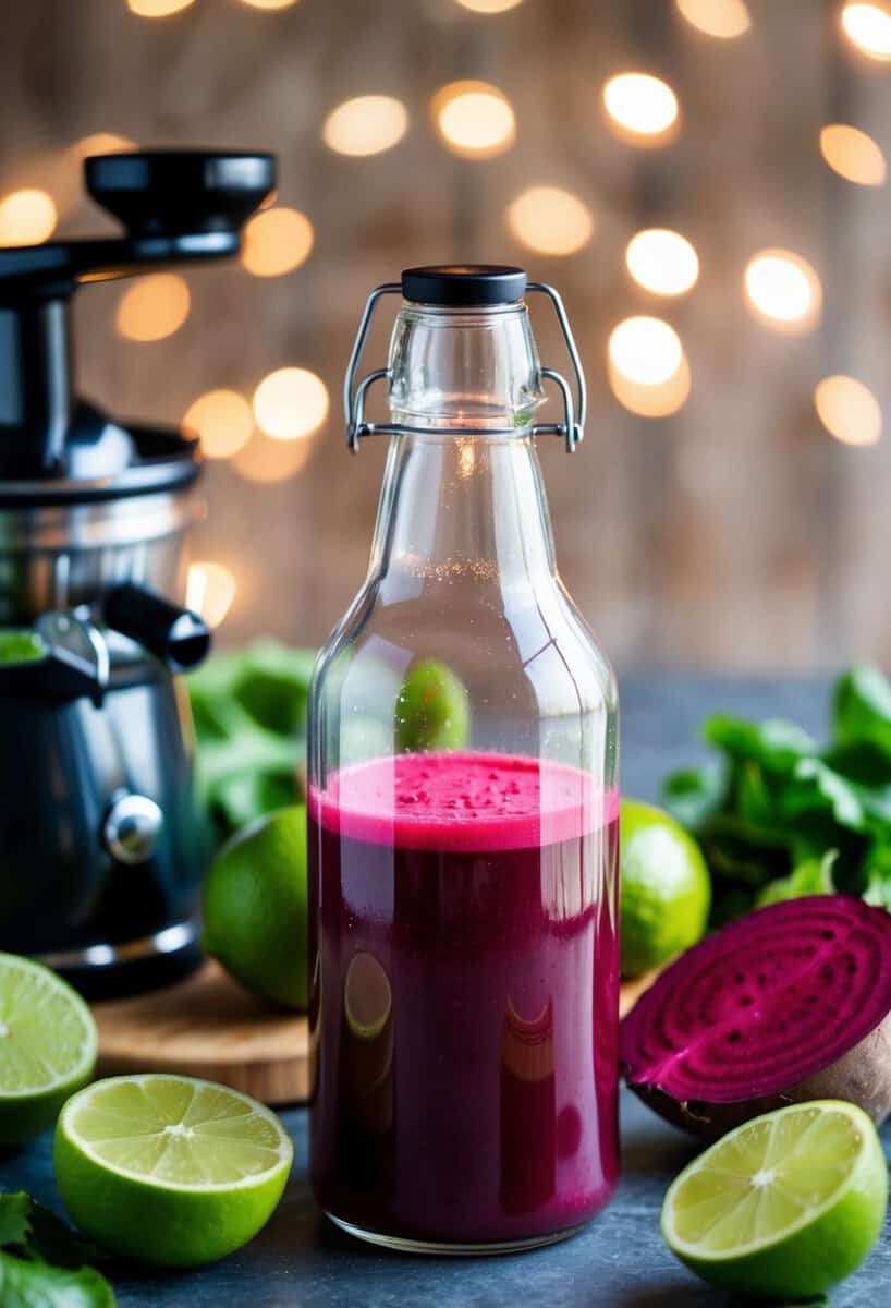 A glass bottle filled with vibrant beetroot and lime juice surrounded by fresh ingredients and a juicer