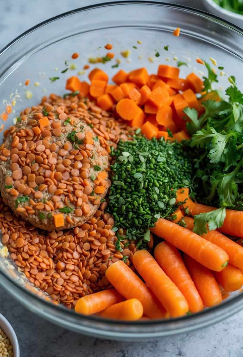 A colorful array of red lentils, carrots, and other vegetables being mixed together to form veggie burger patties