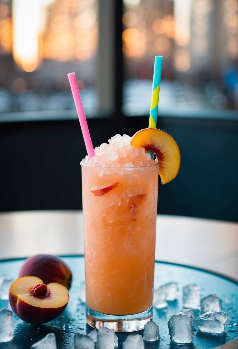 A tall glass filled with peach-colored slush, garnished with a slice of peach and a colorful straw, sitting on a table with ice crystals around it