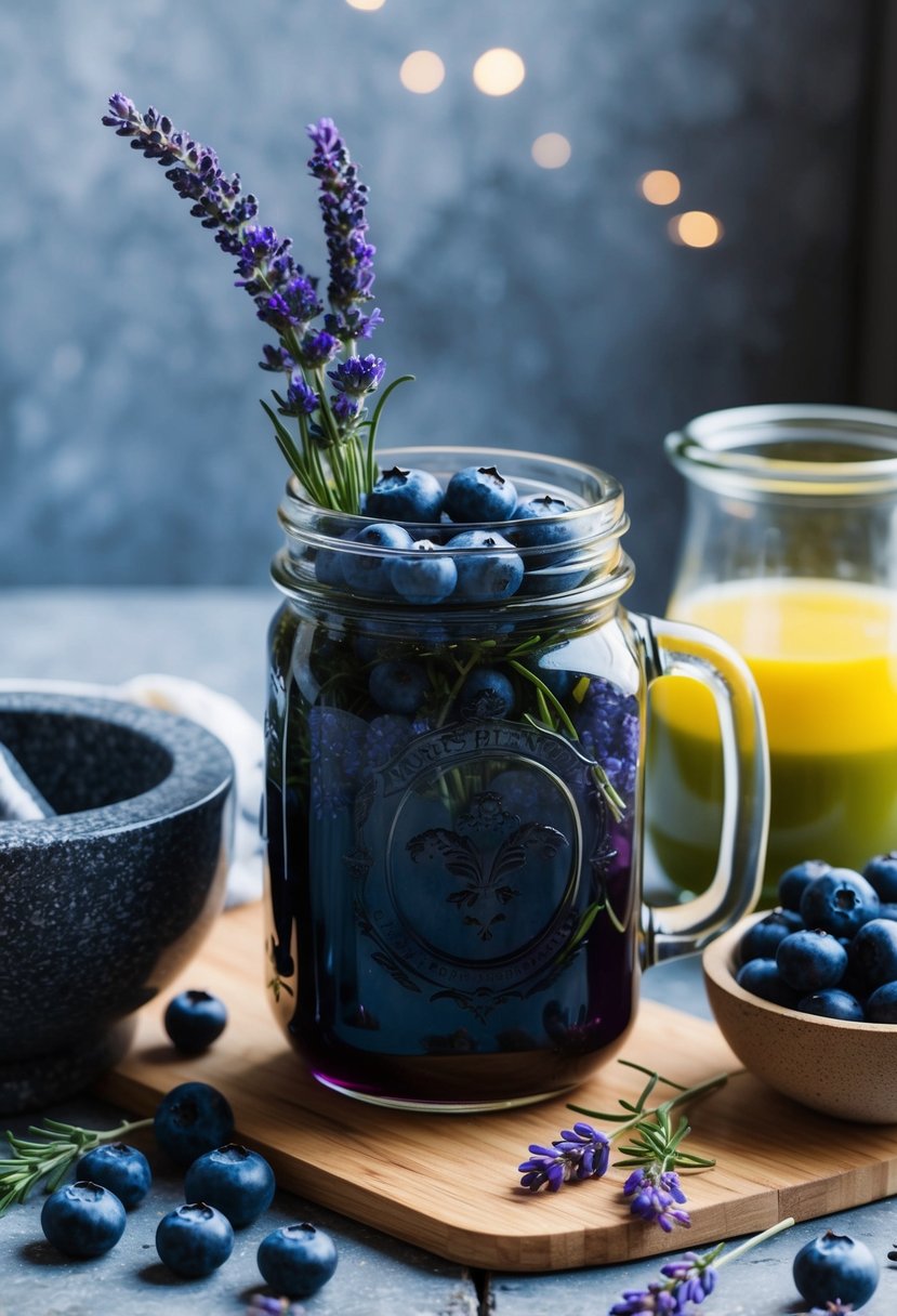 A glass jar filled with fresh blueberries and lavender sprigs, surrounded by juice ingredients and a mortar and pestle