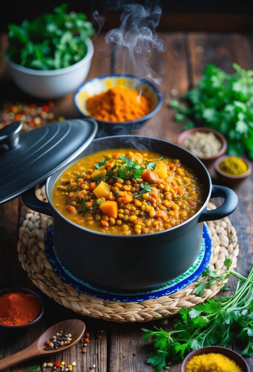 A steaming pot of red lentil dhal surrounded by colorful spices and fresh herbs on a rustic wooden table