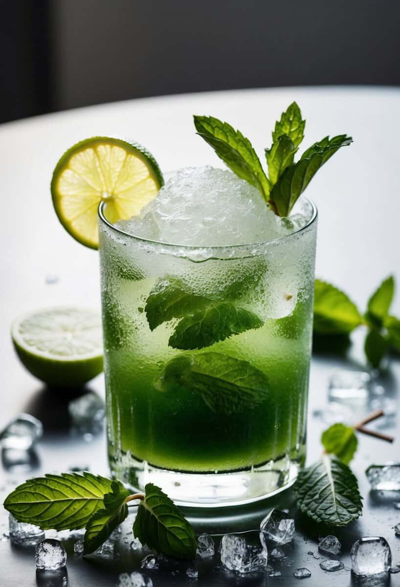 A glass of frozen mojito slush sits on a table, surrounded by mint leaves and a slice of lime. Ice crystals glisten on the surface