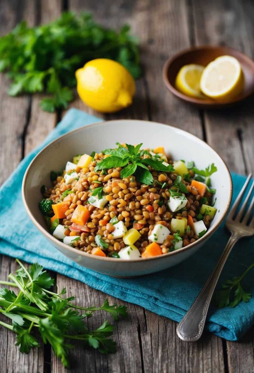 A vibrant red lentil salad with lemon dressing, garnished with fresh herbs and colorful vegetables, sits on a rustic wooden table