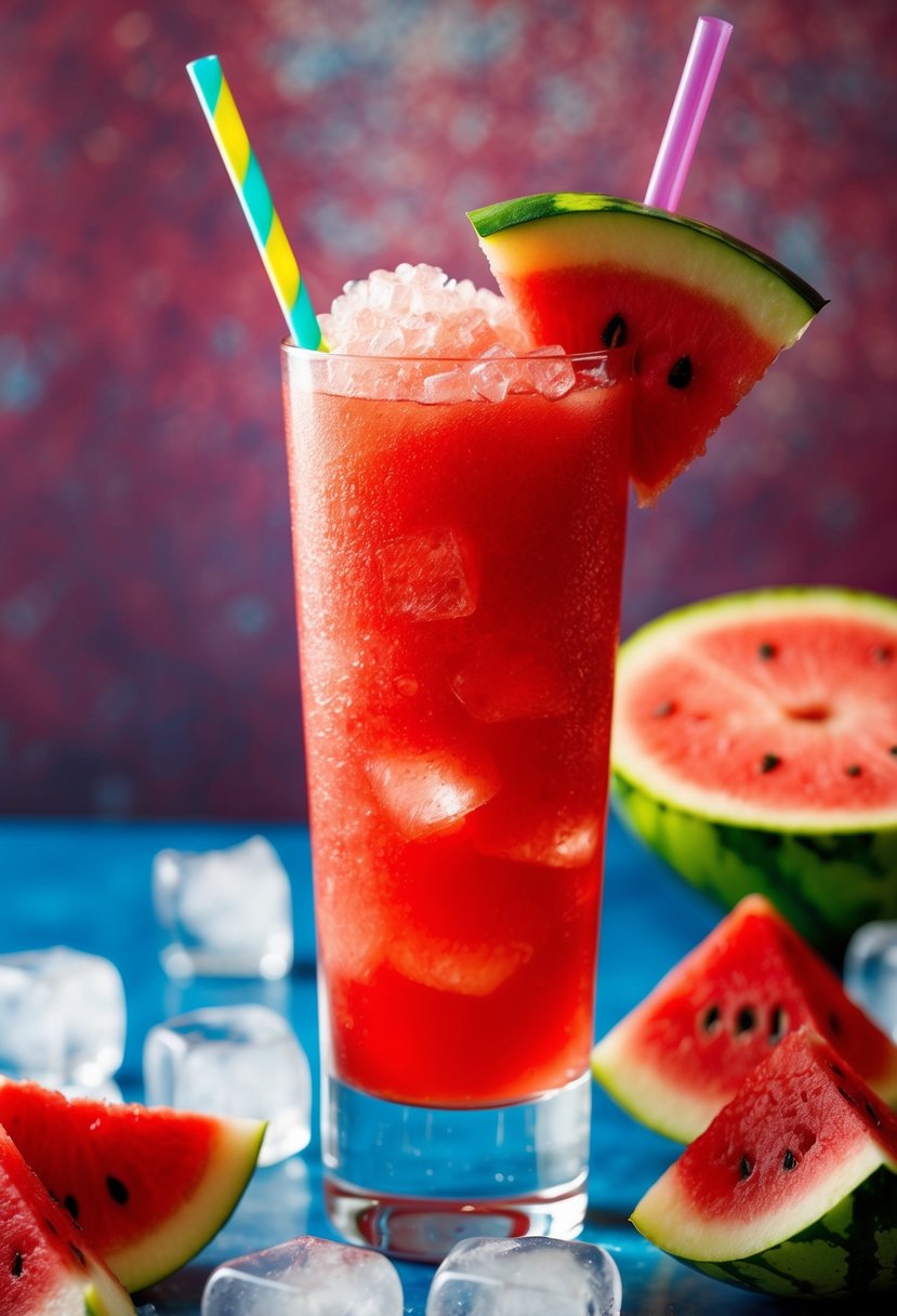 A tall glass filled with vibrant red watermelon rum slush, garnished with a slice of fresh watermelon and a colorful straw, surrounded by ice cubes