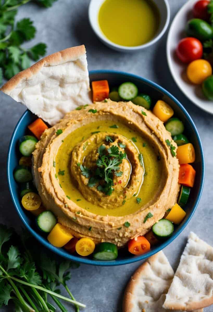 A bowl of smoky red lentil hummus surrounded by fresh vegetables and pita bread, with a drizzle of olive oil on top