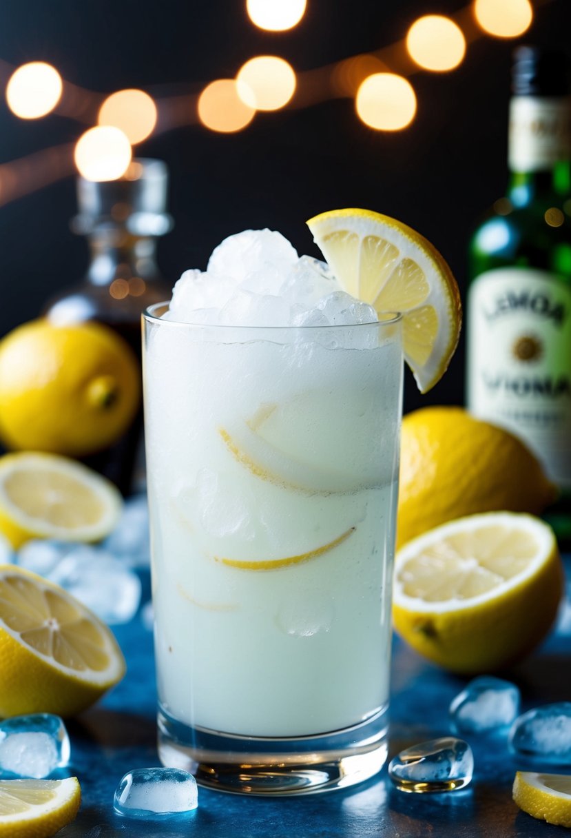 A tall glass filled with lemon vodka slush, surrounded by ice and lemon slices