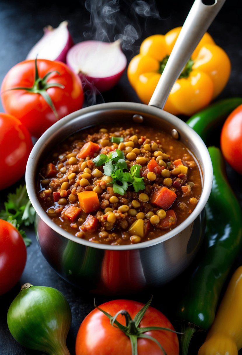 A steaming pot of spicy red lentil chili surrounded by fresh ingredients like tomatoes, onions, and peppers