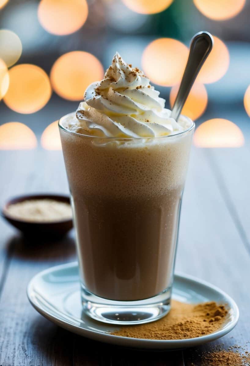 A glass of frozen Irish coffee slush with whipped cream and a sprinkle of coffee powder