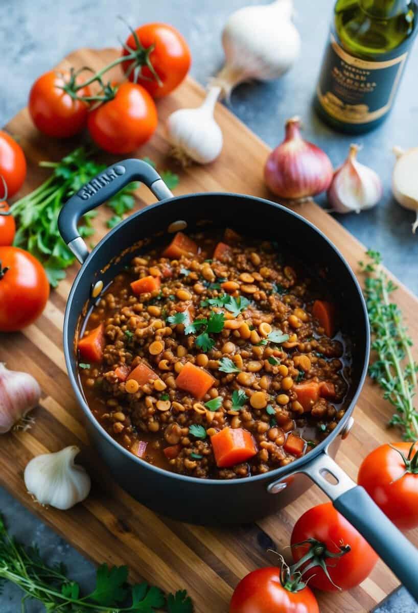 A pot of simmering red lentil bolognese surrounded by fresh tomatoes, onions, garlic, and herbs on a wooden cutting board