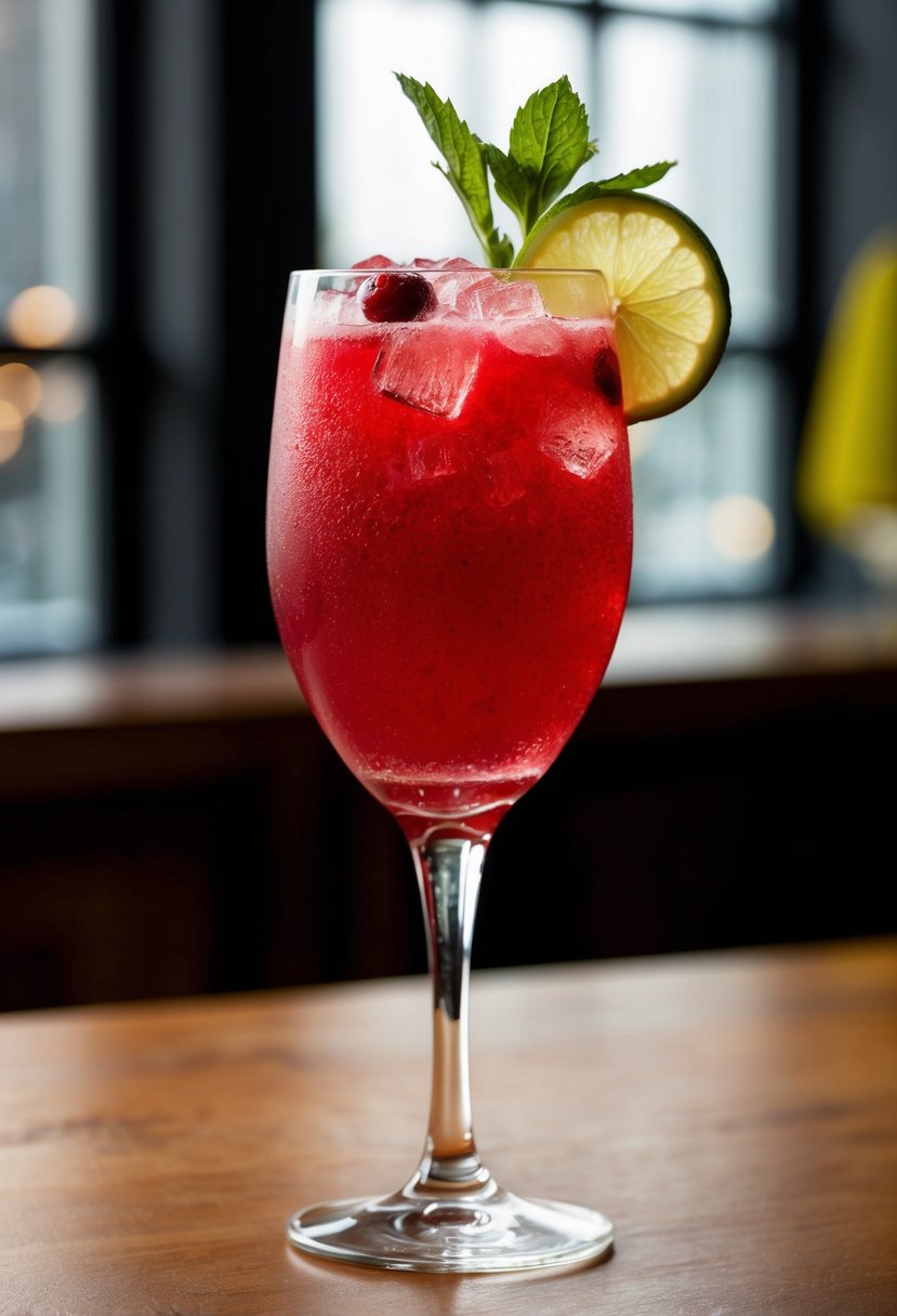 A tall glass filled with cranberry gin fizz slush, garnished with a sprig of mint and a slice of lime, sitting on a wooden table