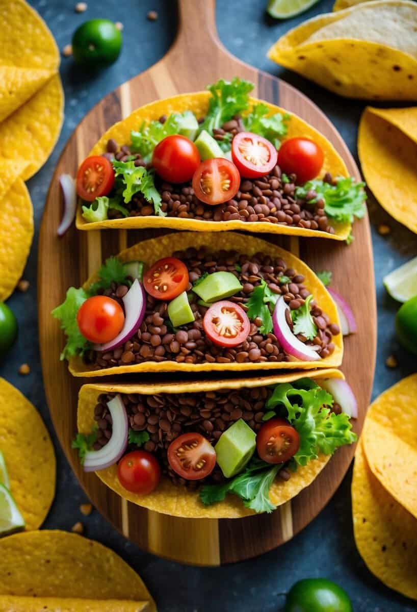 A colorful array of red lentils, tomatoes, onions, and lettuce arranged on a wooden cutting board, surrounded by vibrant taco shells