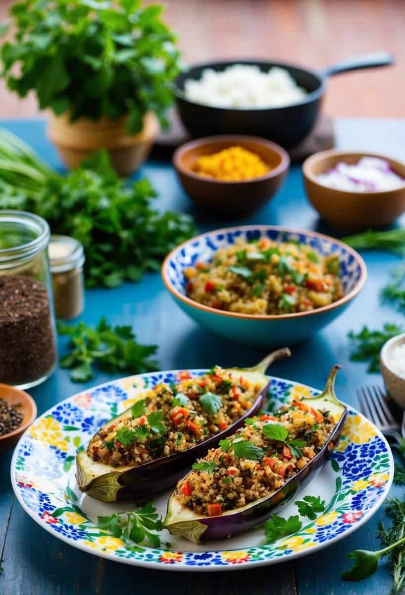 A table with a colorful plate of Mediterranean quinoa stuffed eggplant, surrounded by fresh herbs and ingredients