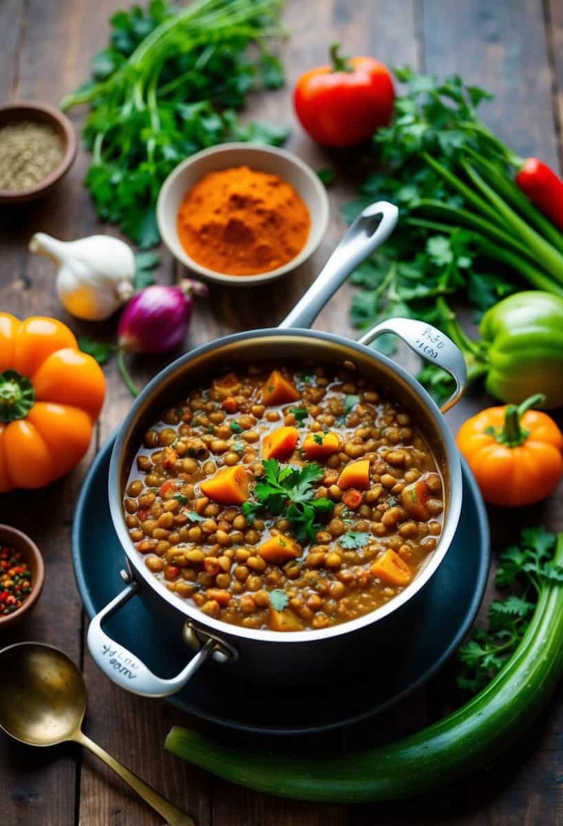 A simmering pot of red lentil curry surrounded by vibrant, fresh vegetables and aromatic spices on a rustic wooden table