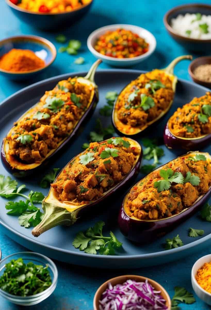 A colorful array of Indian-style stuffed eggplants, surrounded by vibrant spices and ingredients