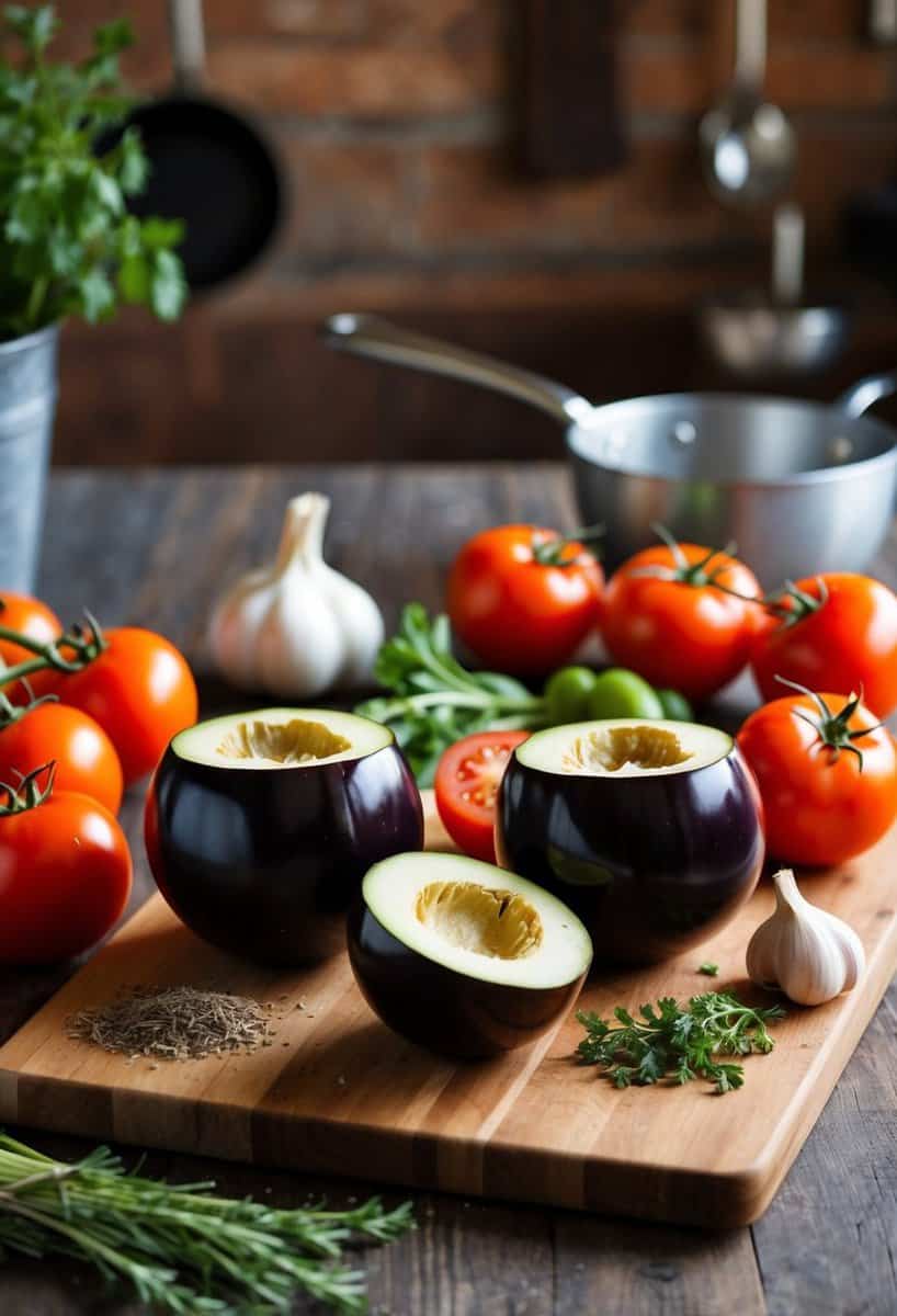 A rustic kitchen counter with a wooden cutting board holding halved eggplants, surrounded by fresh tomatoes, garlic, and herbs