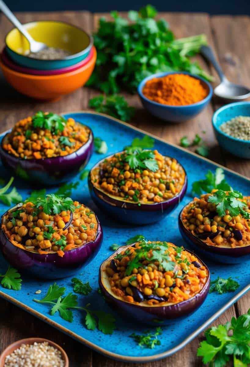 A colorful array of Moroccan lentil stuffed eggplants on a rustic wooden table, surrounded by vibrant spices and fresh herbs