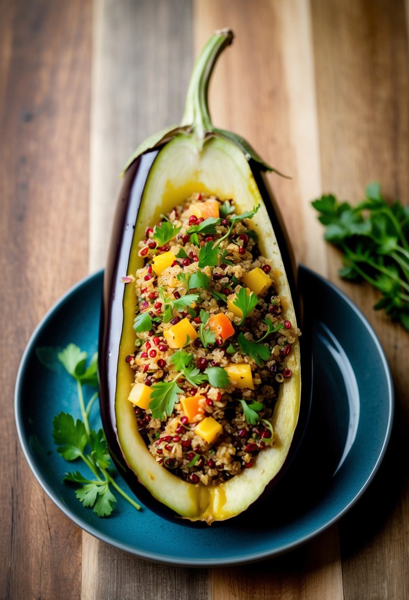 An eggplant split open, filled with colorful Mexican quinoa, topped with fresh herbs and spices