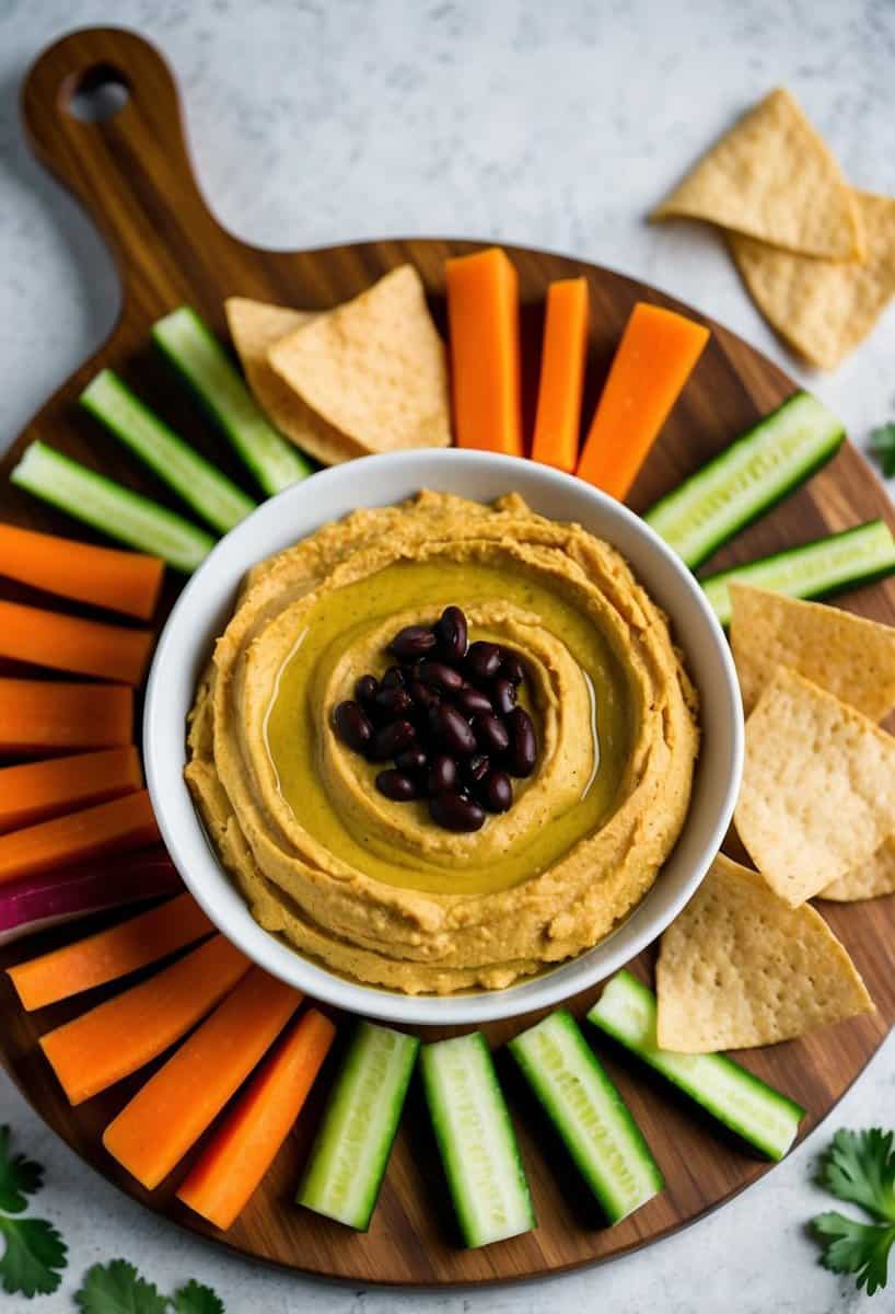 A bowl of spicy black bean hummus surrounded by colorful vegetable chips on a wooden serving board