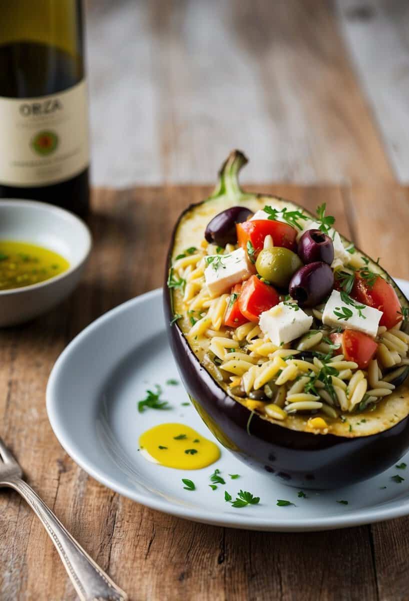 An eggplant split in half, filled with orzo, tomatoes, olives, and feta cheese, topped with fresh herbs and drizzled with olive oil