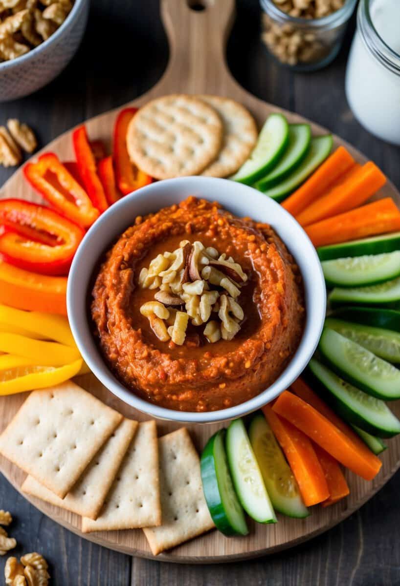 A bowl of roasted red pepper and walnut dip surrounded by colorful vegetable slices and whole grain crackers on a wooden serving board