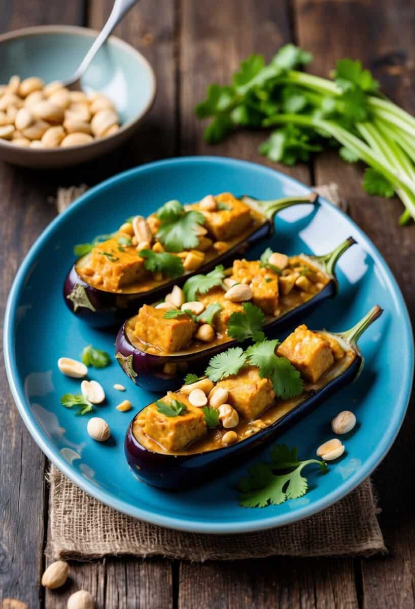 A platter of Thai peanut tofu stuffed eggplants, garnished with cilantro and peanuts, sits on a rustic wooden table