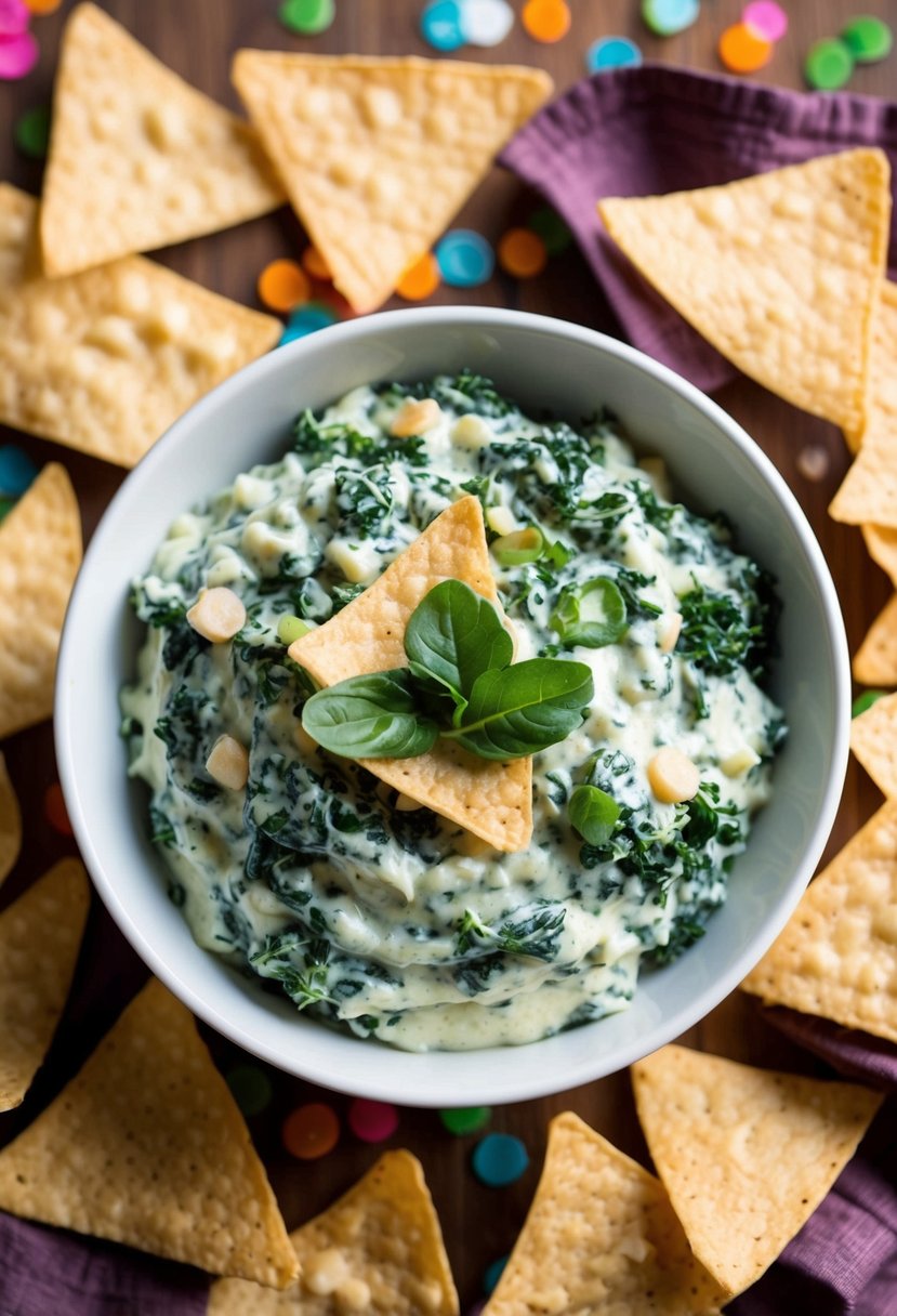 A bowl of creamy spinach and kale dip surrounded by colorful tortilla chips