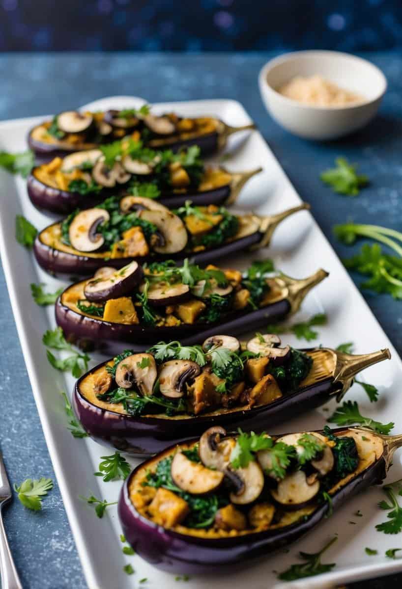 A platter of roasted eggplants filled with a savory mixture of vegan mushroom and spinach, garnished with fresh herbs