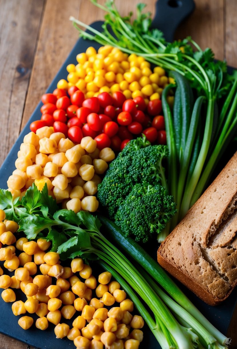 A colorful array of fresh vegetables and chickpeas arranged on a cutting board, with a loaf of whole grain bread nearby