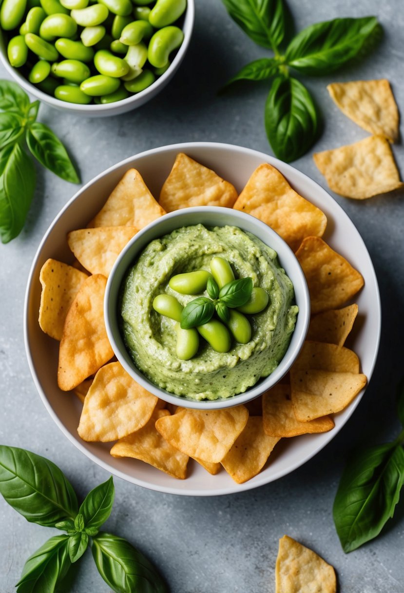 A bowl of edamame and basil pesto chip dip surrounded by fresh basil leaves and a pile of crispy chips