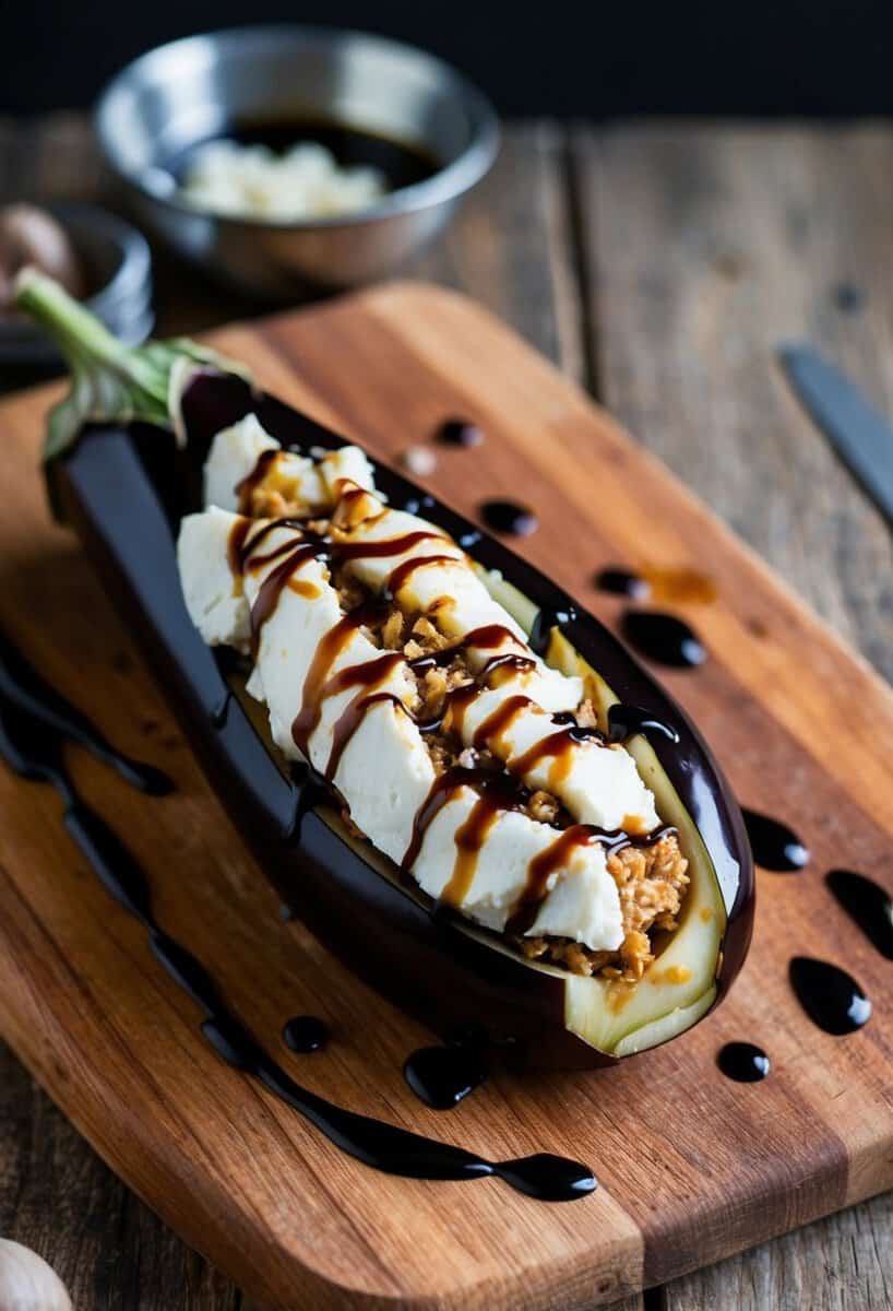 A whole eggplant stuffed with goat cheese, drizzled with balsamic glaze, on a rustic wooden cutting board