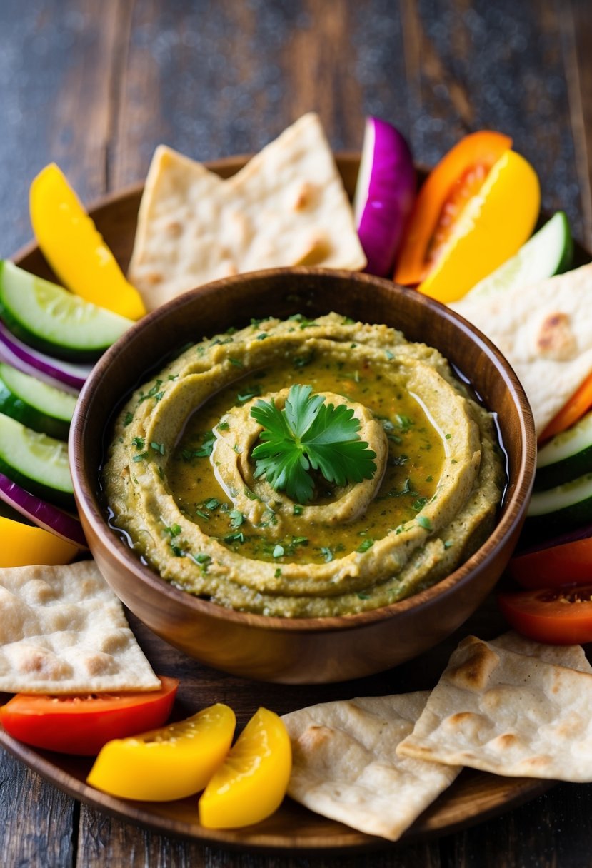 A bowl of smoky eggplant baba ghanoush surrounded by colorful, sliced vegetables and pita chips on a wooden platter