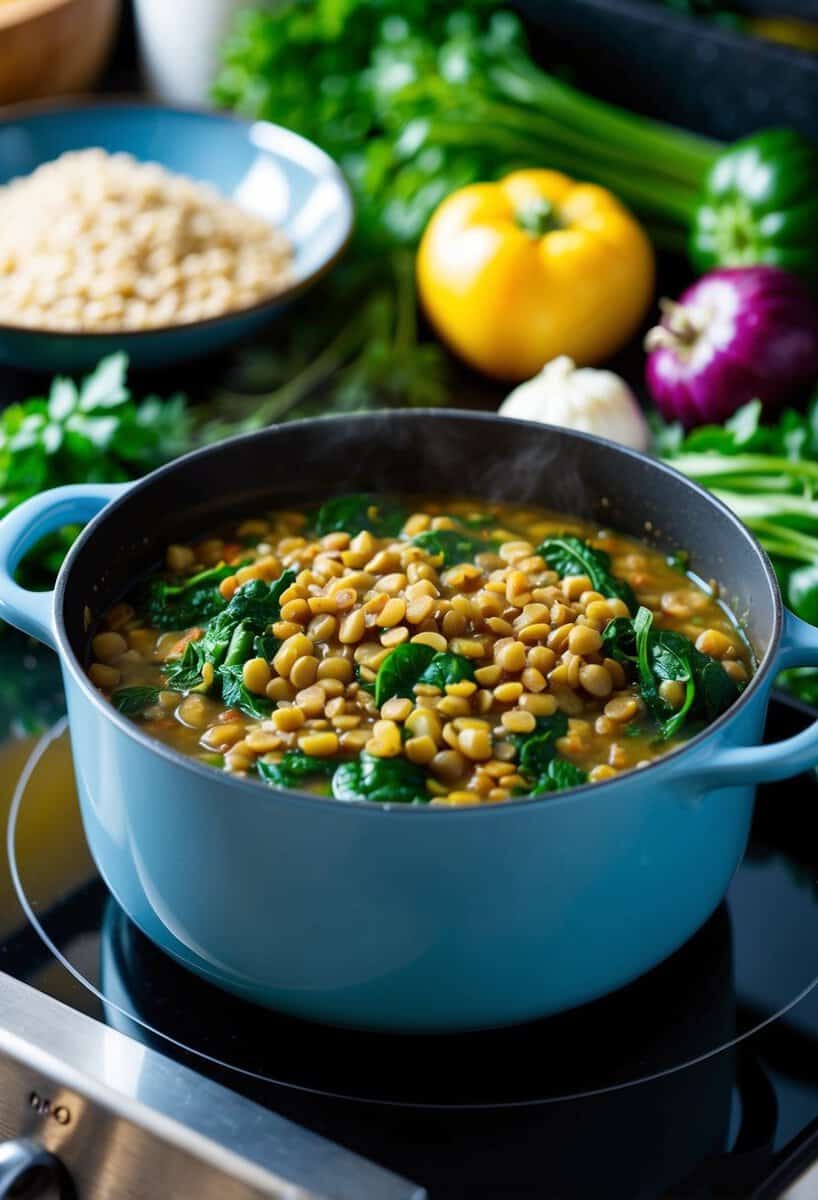 A simmering pot of lentil and spinach stew on a stovetop, surrounded by fresh vegetables and herbs