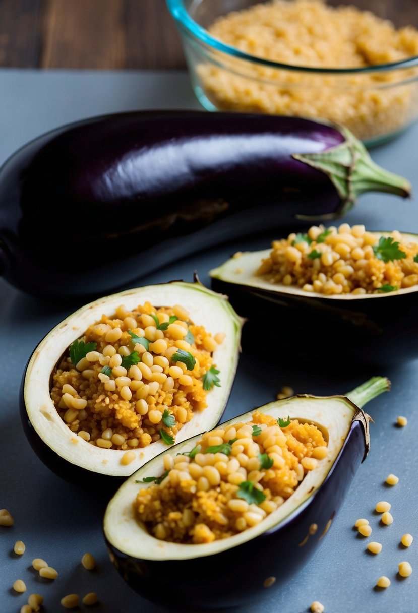 A whole eggplant sliced open and filled with couscous and pine nuts, ready to be baked in the oven