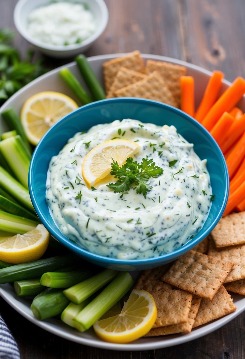 A bowl of zesty lemon and herb tzatziki chip dip surrounded by fresh vegetables and whole grain crackers