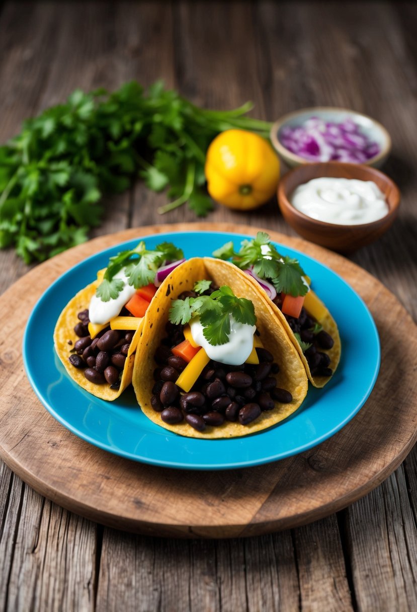 A colorful plate of vegan black bean tacos with fresh toppings on a rustic wooden table