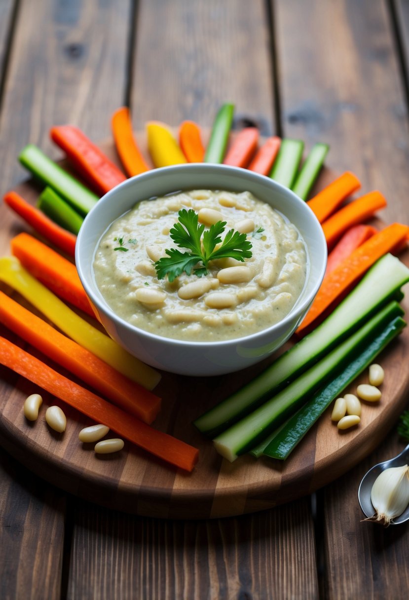 A bowl of garlic and white bean puree sits surrounded by colorful vegetable sticks on a wooden serving board