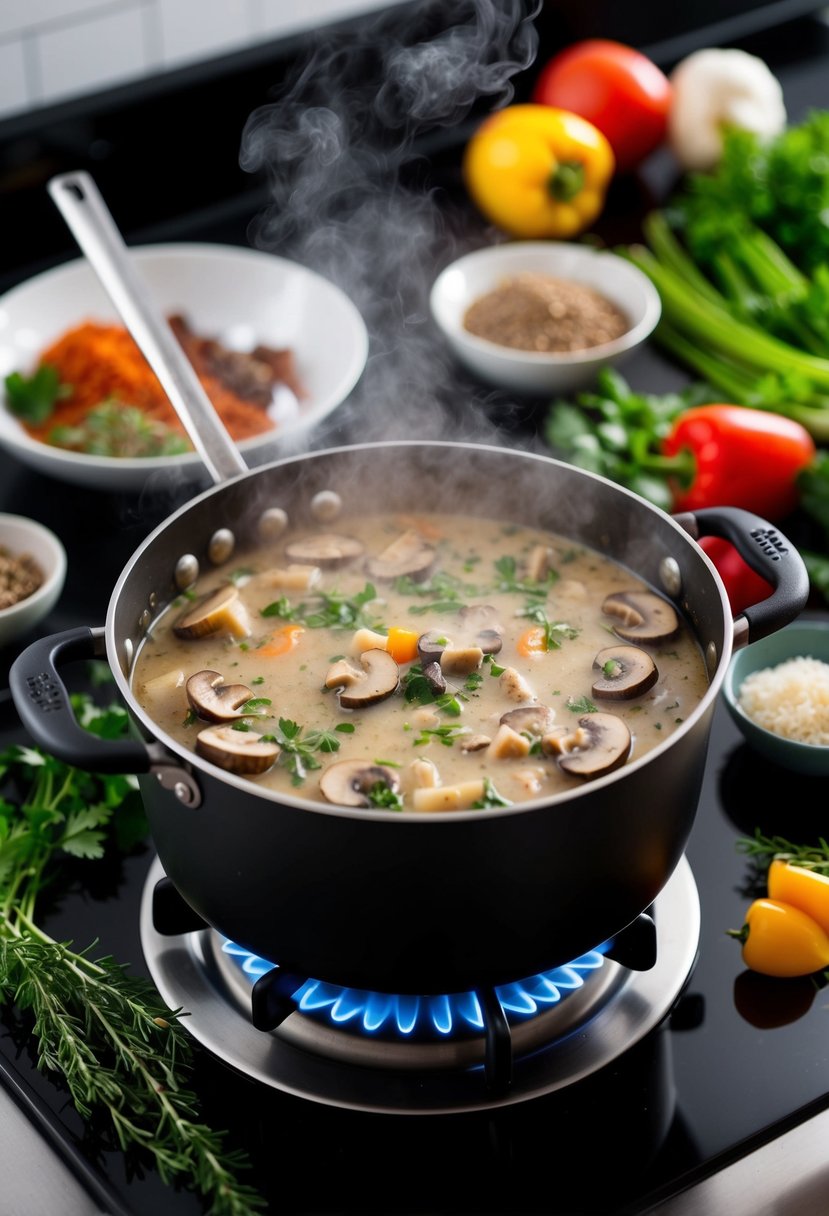 A steaming pot of mushroom stroganoff simmering on a stovetop, surrounded by fresh herbs, spices, and colorful vegetables