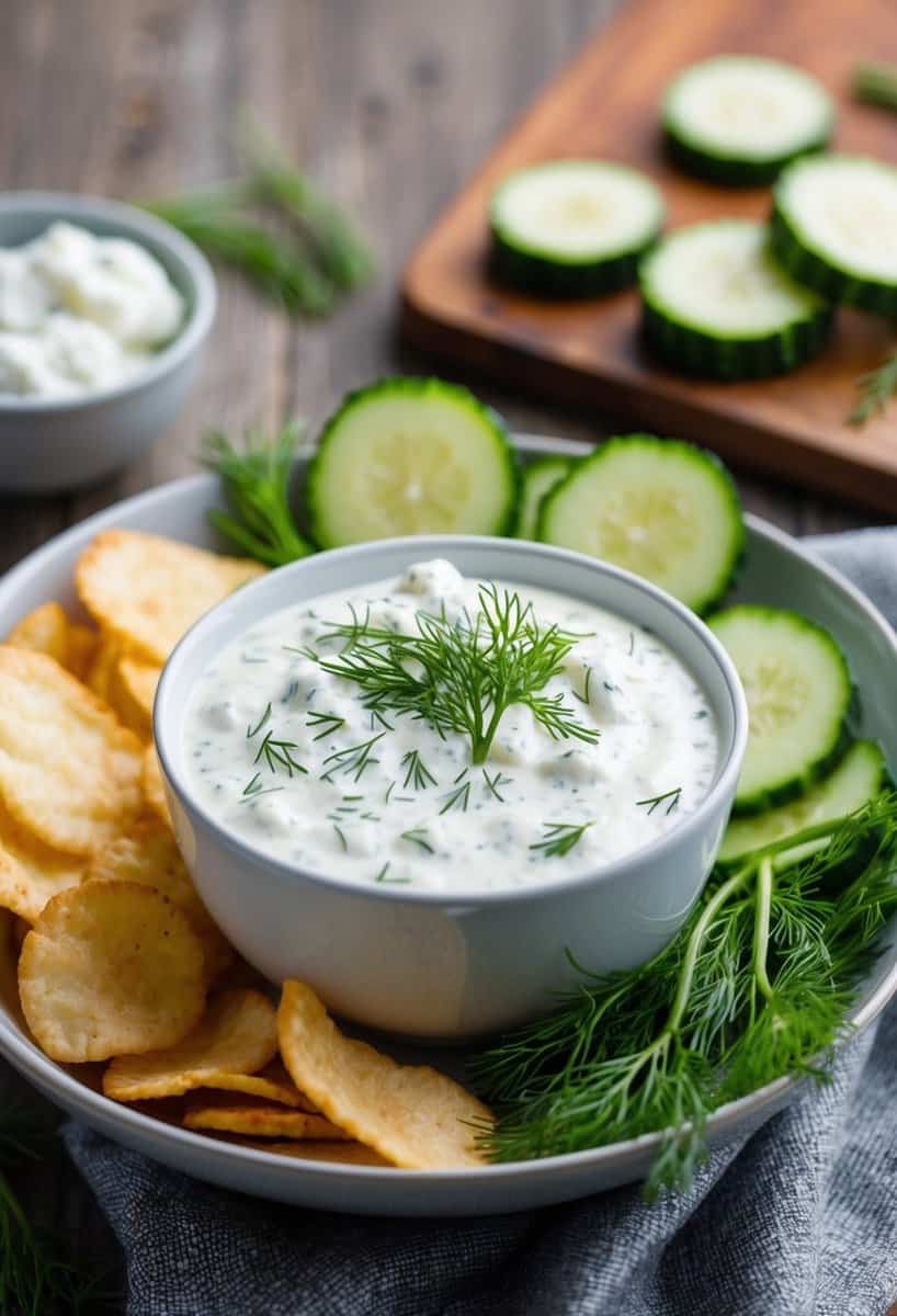 A bowl of creamy quark dip surrounded by fresh cucumber slices and dill sprigs, with a pile of crispy chips nearby