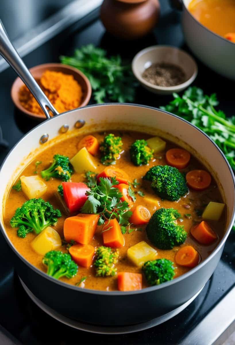 A colorful array of fresh vegetables simmer in a fragrant curry sauce, surrounded by spices and herbs. A pot bubbles on a stovetop