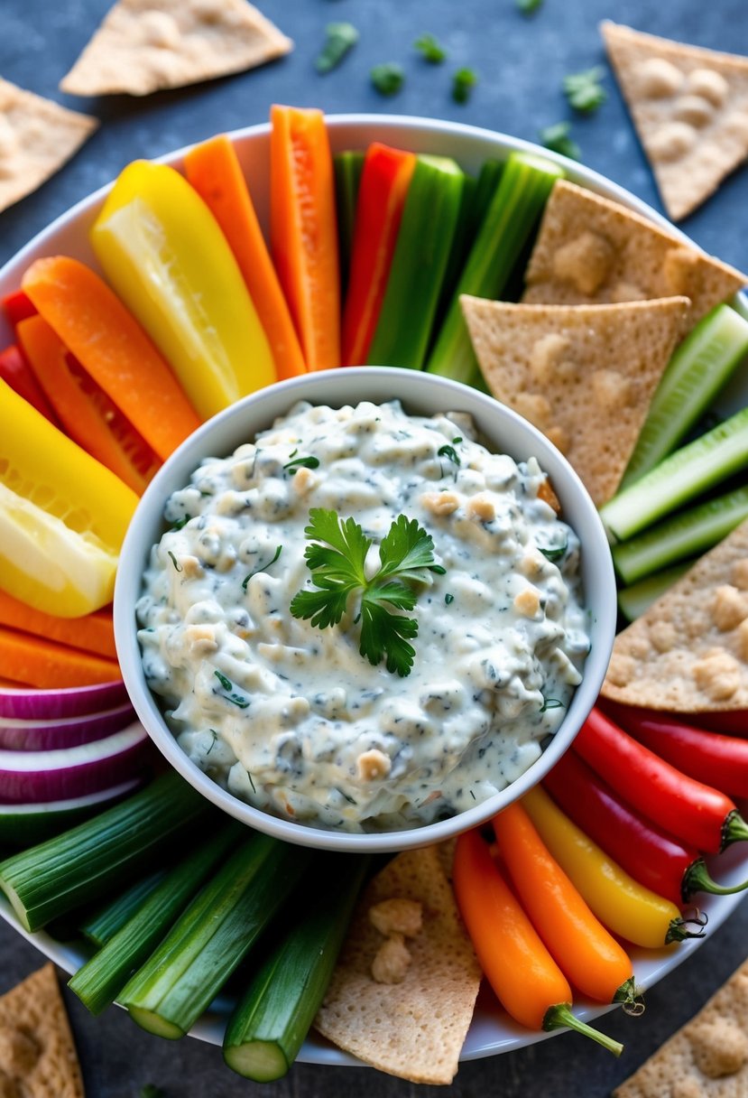 A bowl of creamy French onion dip surrounded by a variety of colorful, freshly cut vegetables and whole grain pita chips