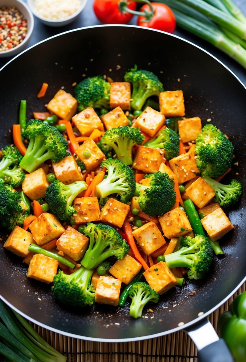 A sizzling wok filled with colorful tofu stir-fry and broccoli, surrounded by fresh vegetables and a variety of seasonings