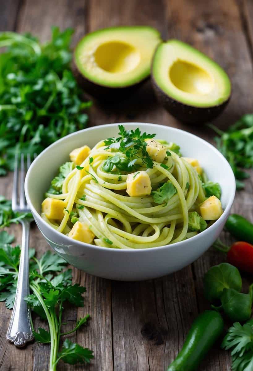 A bowl of creamy avocado pasta surrounded by fresh vegetables and herbs on a rustic wooden table