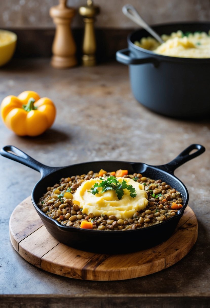 A rustic kitchen counter with a bubbling lentil and vegetable filling topped with creamy mashed potatoes in a cast iron skillet