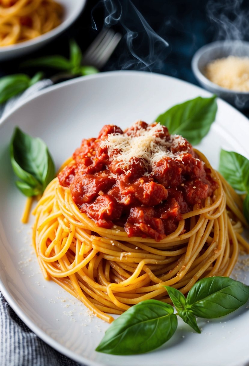 A steaming plate of spaghetti topped with marinara sauce, surrounded by fresh basil leaves and a sprinkling of nutritional yeast