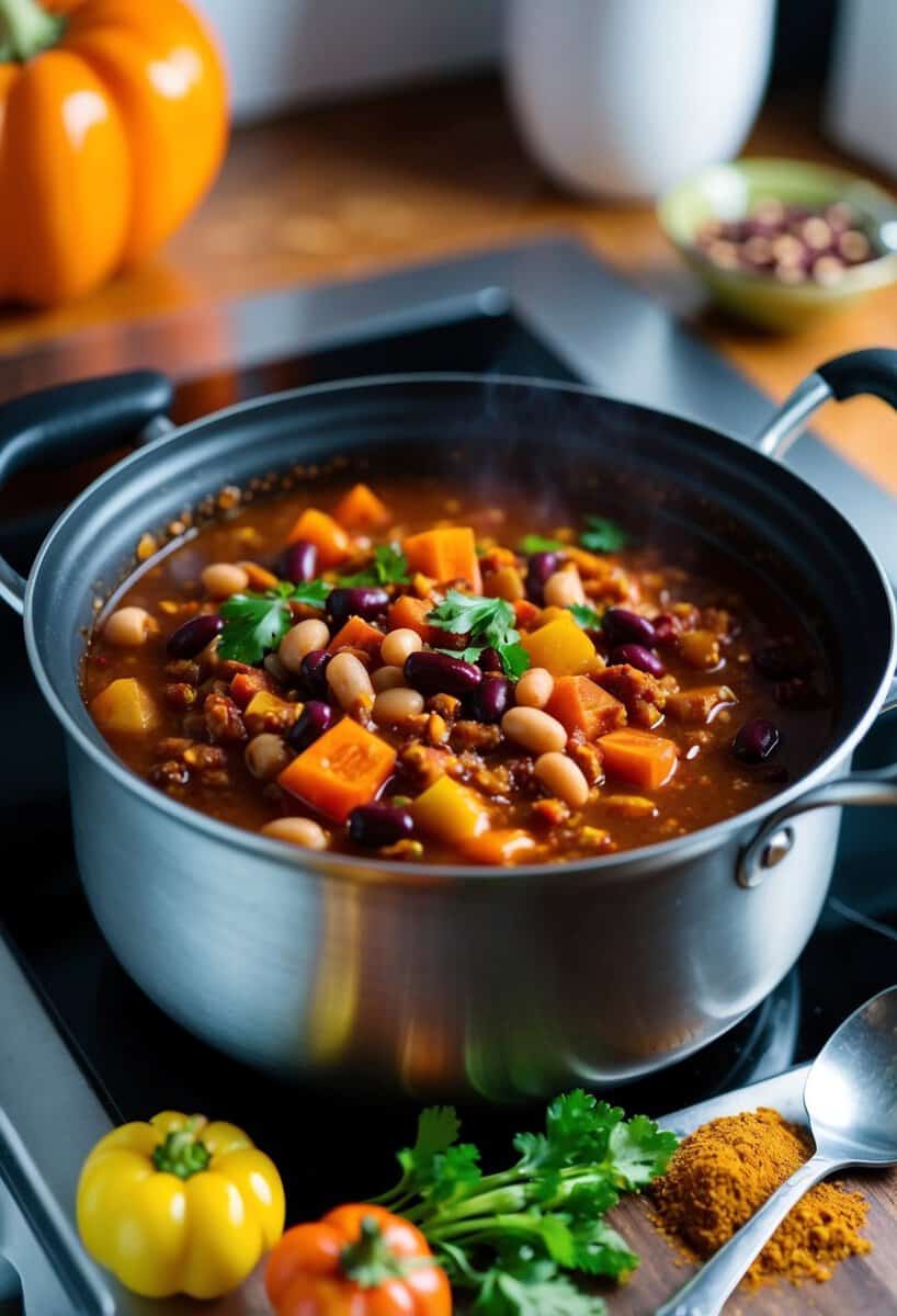 A pot of chili simmers on a stovetop, filled with colorful vegetables and beans. A scattering of spices and herbs sits nearby