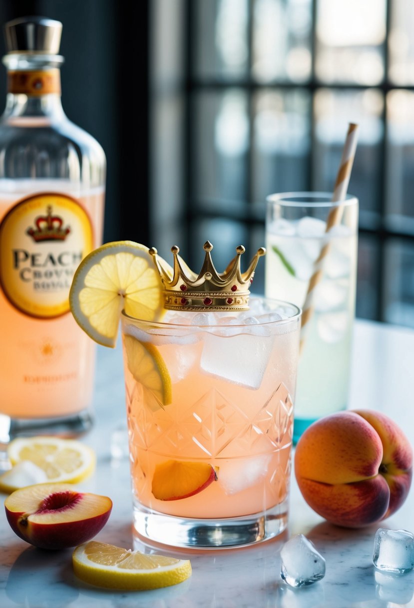 A glass filled with Peach Crown Royal, lemonade, and ice, garnished with a slice of lemon and a crown-shaped peach slice