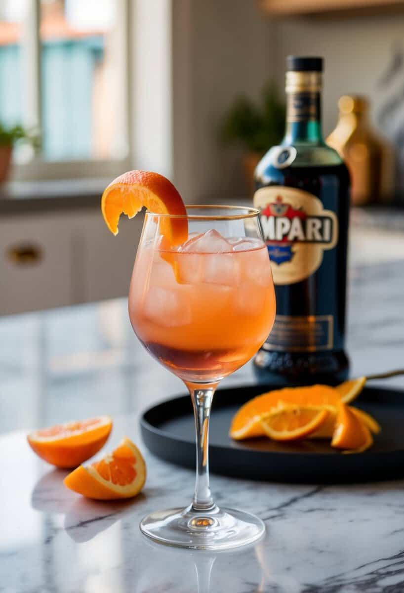 A glass filled with Peach Crown Royal, vermouth, and Campari, garnished with an orange peel, on a marble countertop